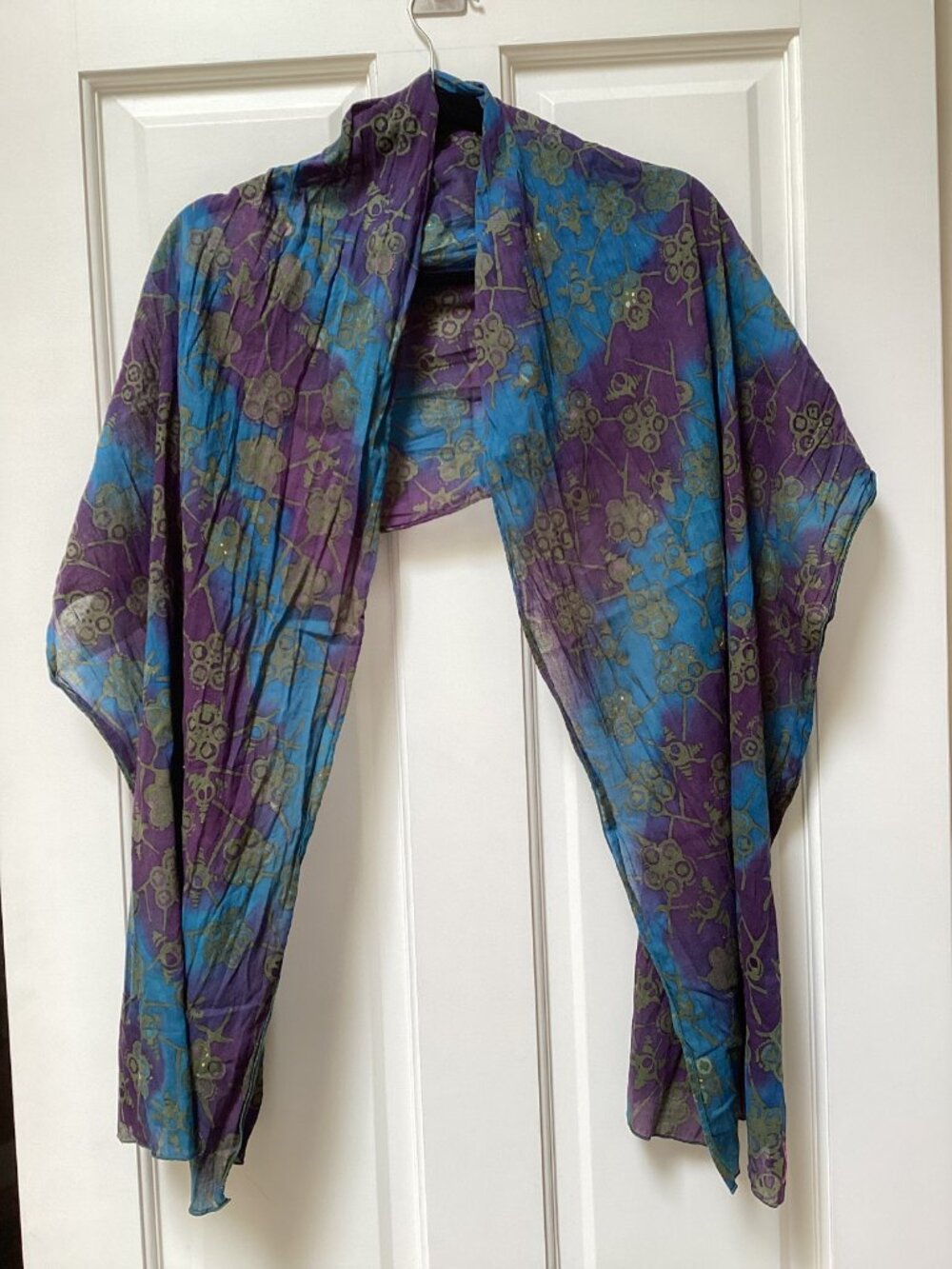 Blue, purple and gold shawl, wrap, scarf - 70"x 20"